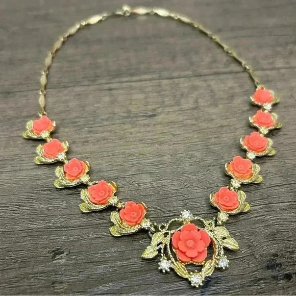 Gold Tone Floral Crystal Adorned Necklace - Picture 1 of 3